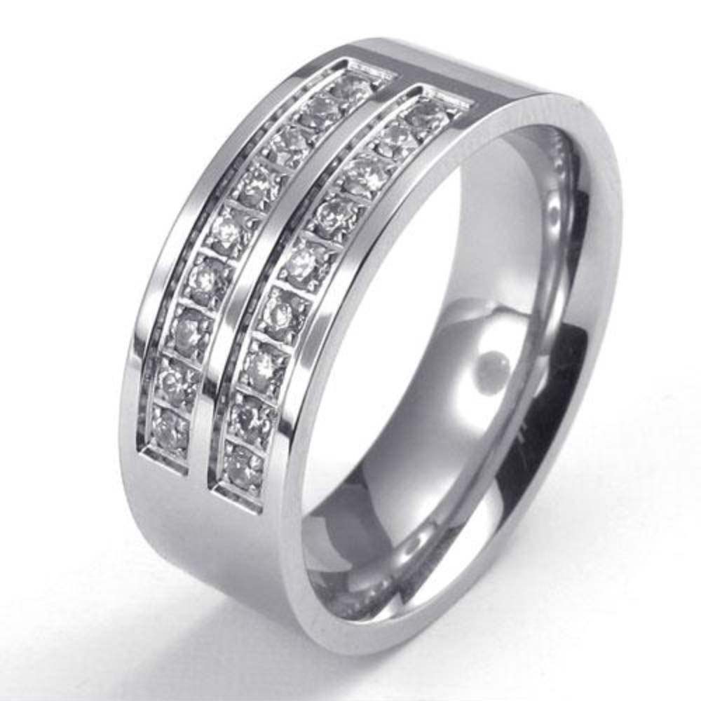 Mens Stainless Steel Wedding Rings
 8mm Polished Stainless Steel CZ Engagement Wedding Band