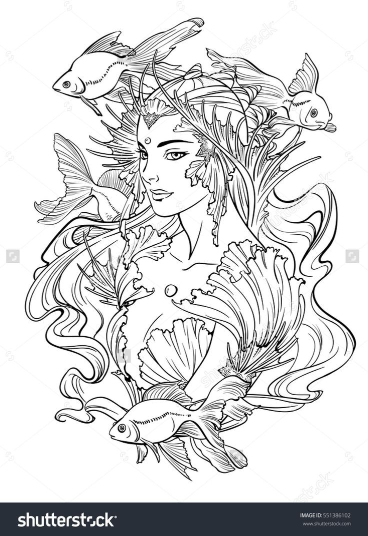 Mermaid Adult Coloring Book
 Illustration of mermaid princess with curled hair