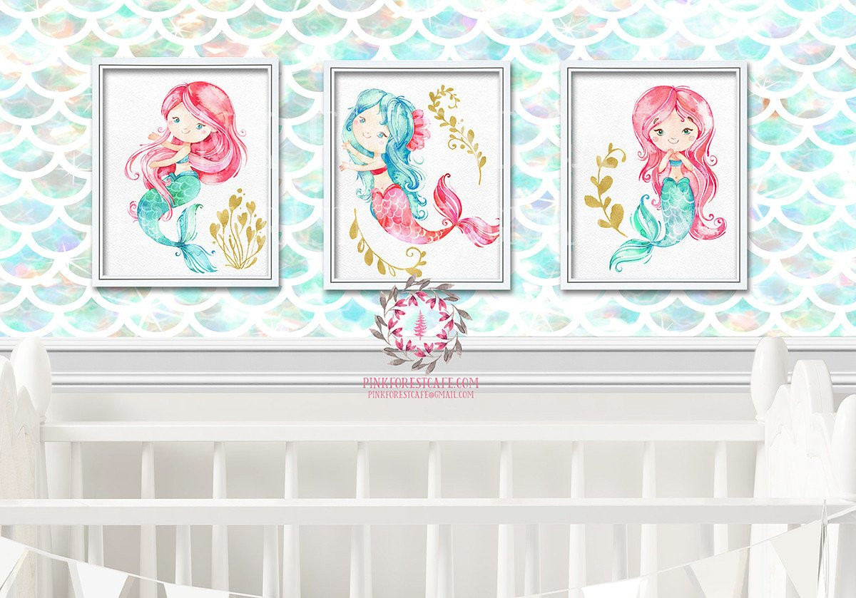 Mermaid Baby Room Decor
 Watercolor Mermaid Set 3 Nautical Baby Girl Room Printable