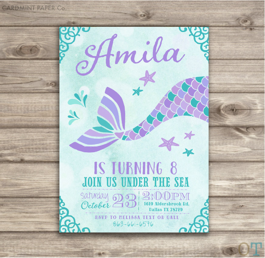 Mermaid Birthday Invitations
 Mermaid Birthday Invitations Teal Aqua and Purple Little