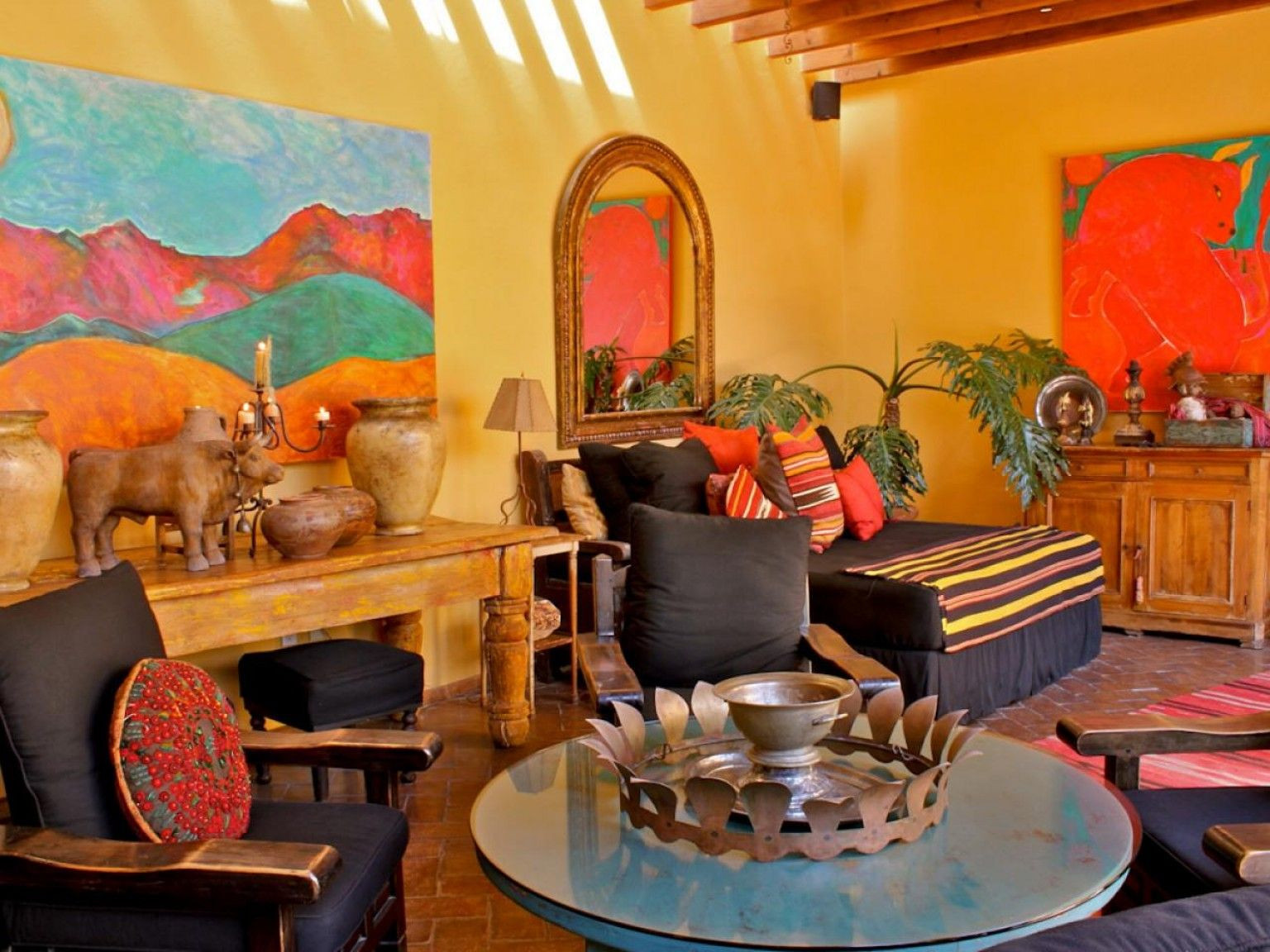 Mexican Living Room Decor
 Love the colors and bold art