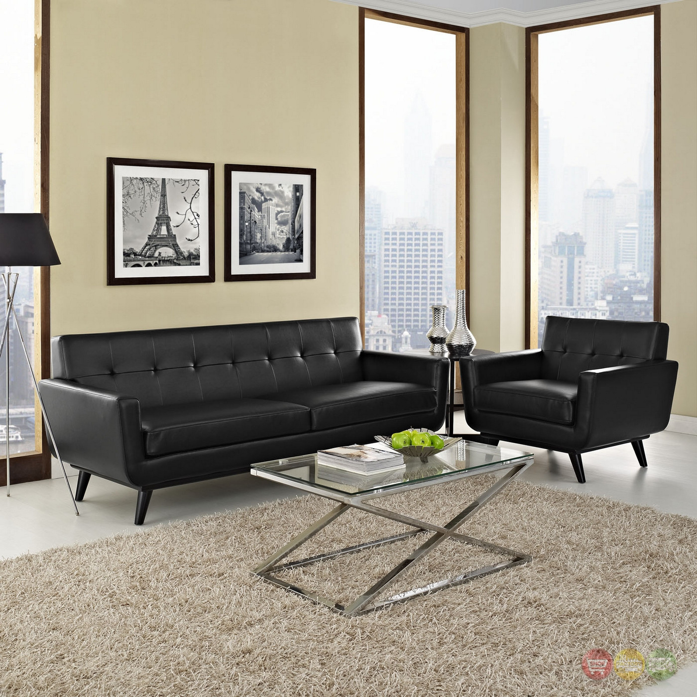 Modern Leather Living Room Set
 Mid Century Modern Engage 2pc Button Tufted Leather Living