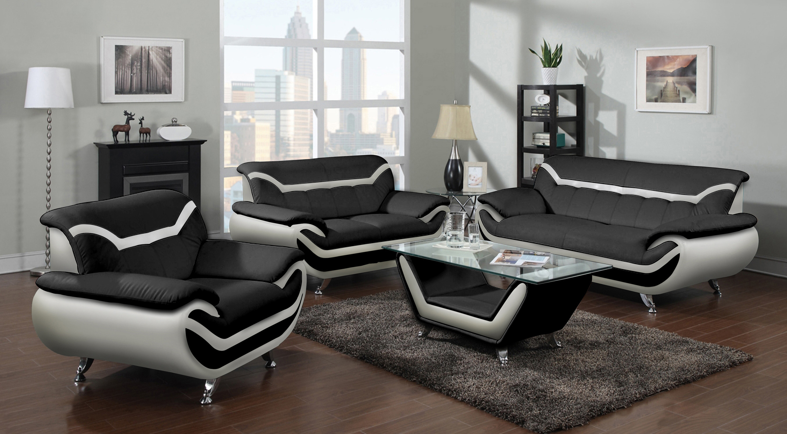 Modern Living Room Sets
 715L Black and White Leather Contemporary Living Room Set
