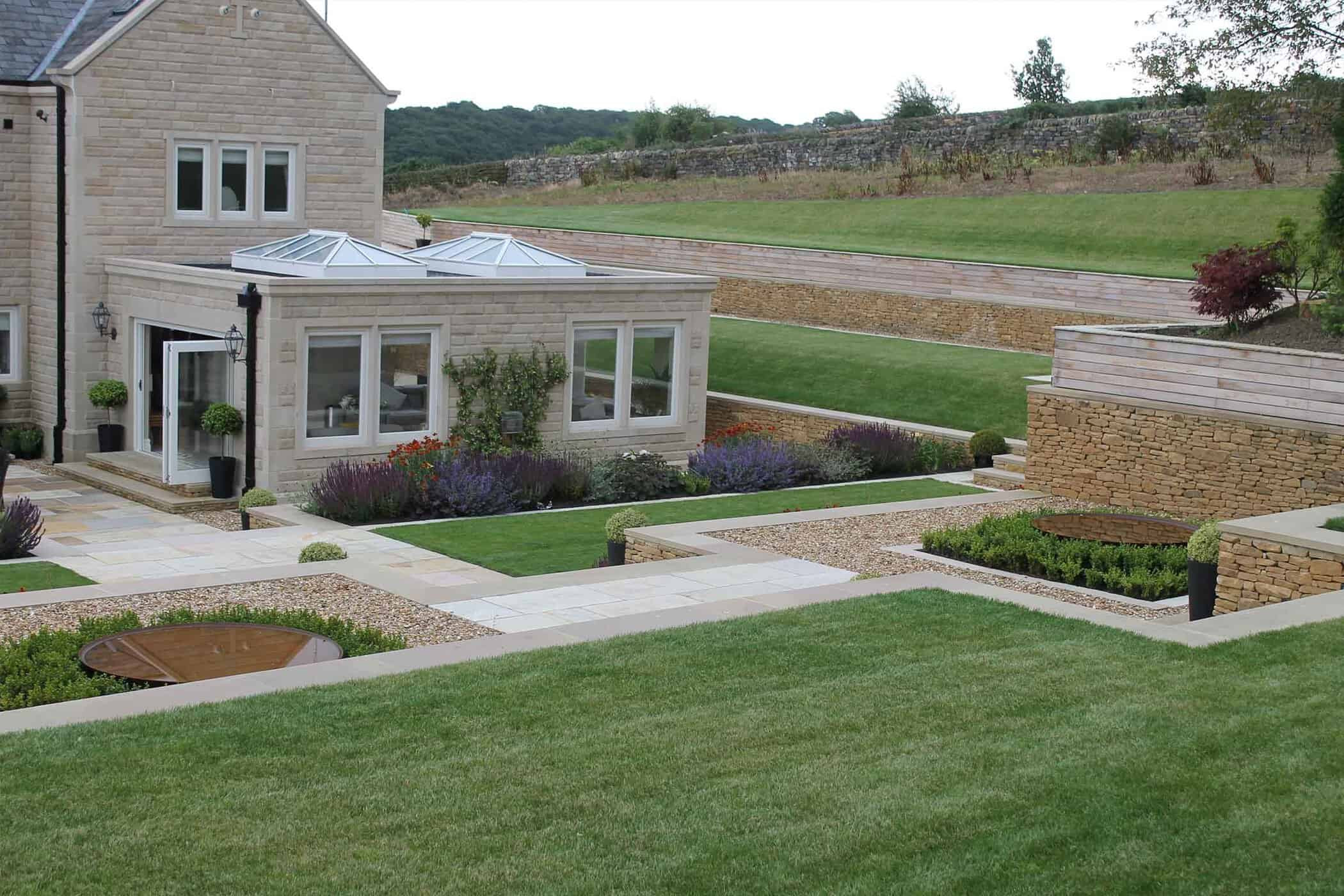 Modern Terrace Landscape
 Modern terraced garden with level lawns and colourful planting