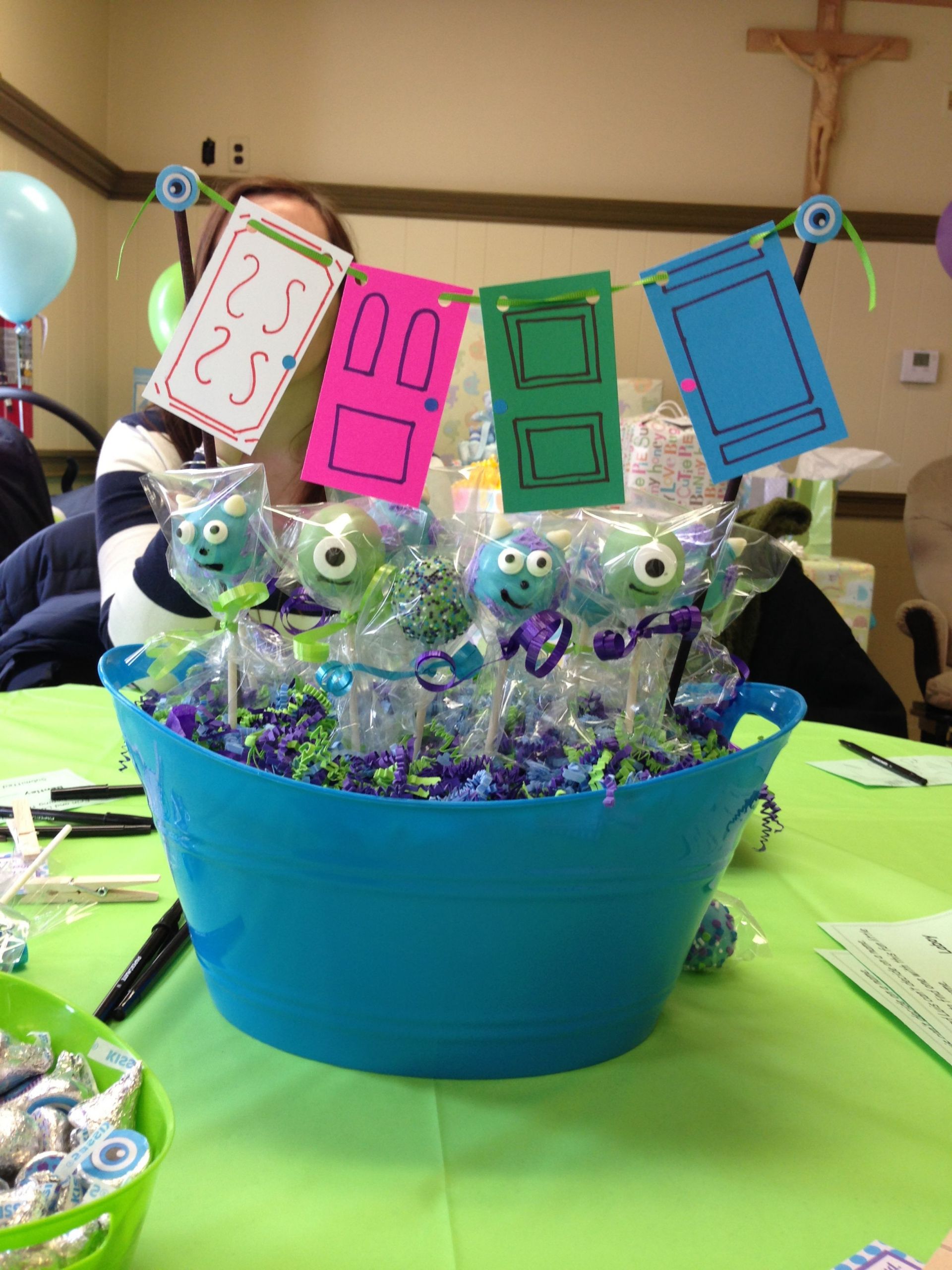 Monsters Inc Birthday Decorations
 Monsters Inc themed party centerpiece cake pops