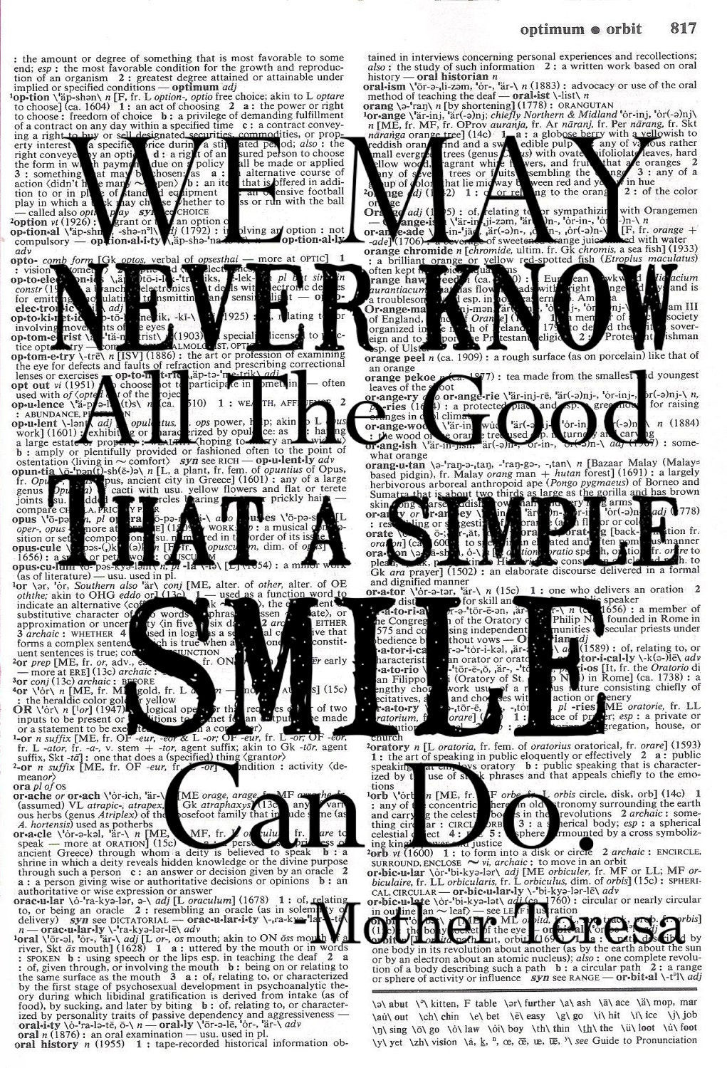 Mother Teresa Smile Quotes
 Smile Mother Teresa Quote Upcycled Dictionary Print