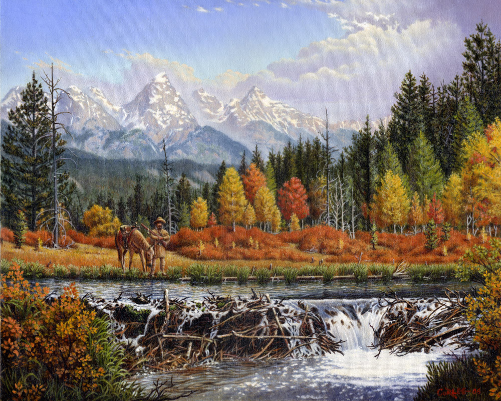 Mountain Landscape Painting
 Mountain Man Trapper Explorer Beaver Dam Mountain