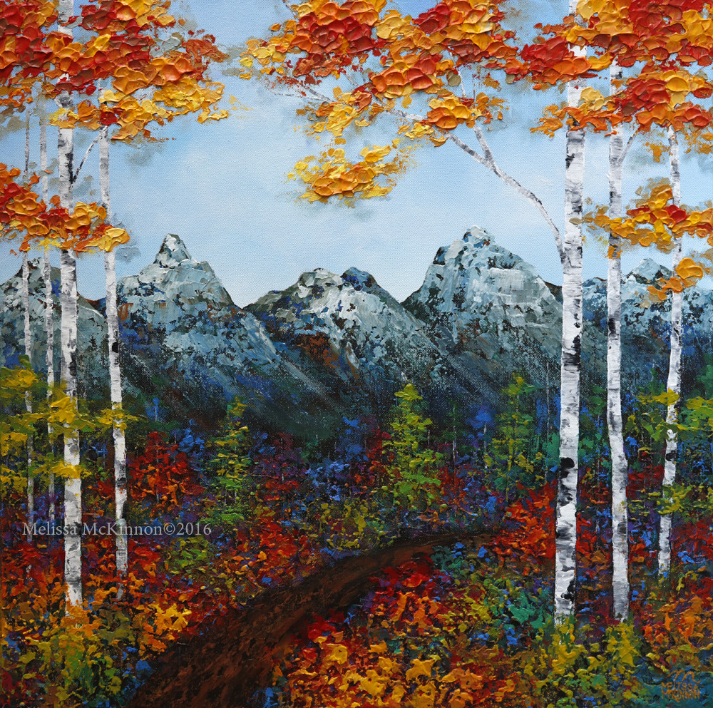 Mountain Landscape Painting
 Mountain sky aspen trees birch tree painting by Canadian