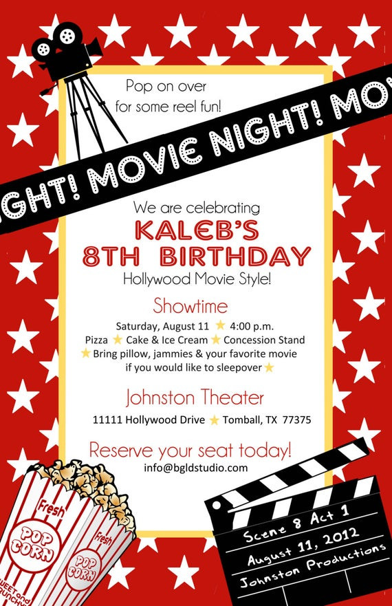 Movie Themed Birthday Invitations
 Items similar to Printable File Movie or Hollywood