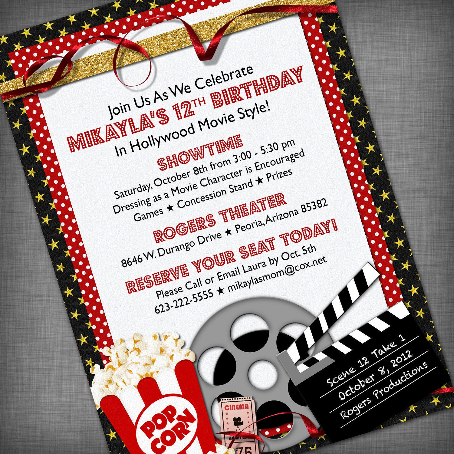 Movie Themed Birthday Invitations
 Movie Party Customized Printable Invitation
