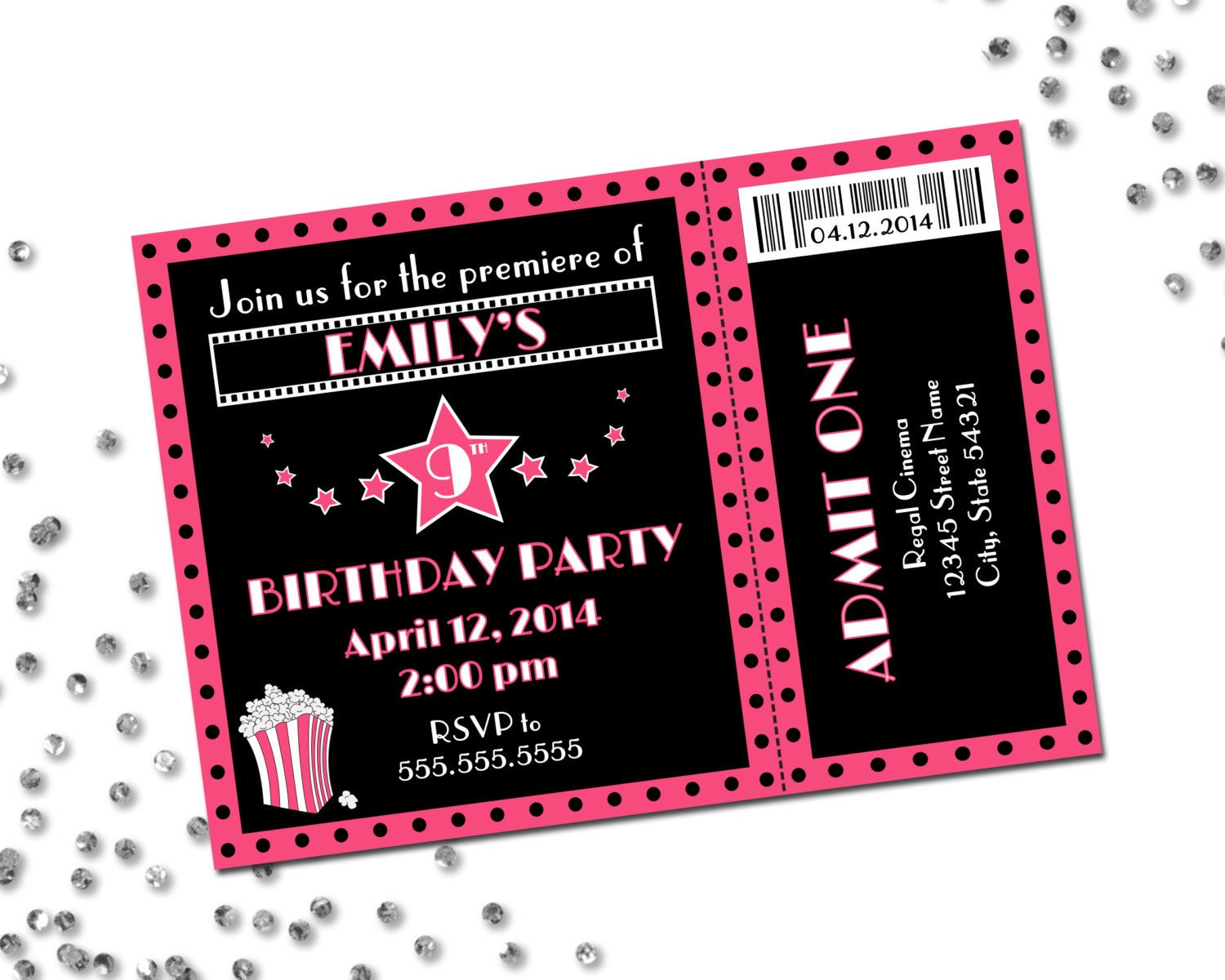 Movie Themed Birthday Invitations
 Movie Theme Birthday Party Invitation Pink and Black DIY