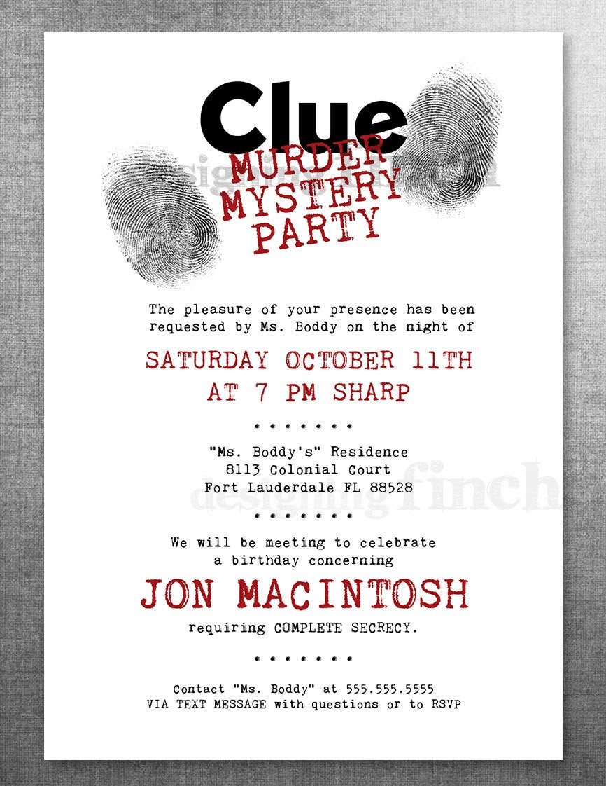 Murder Mystery Birthday Party
 Clue Birthday Invitation Murder Mystery Party Customizable