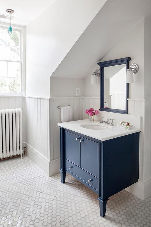 Navy Blue Bathroom Vanity
 Navy Washstand with Navy Mirror Transitional Bathroom