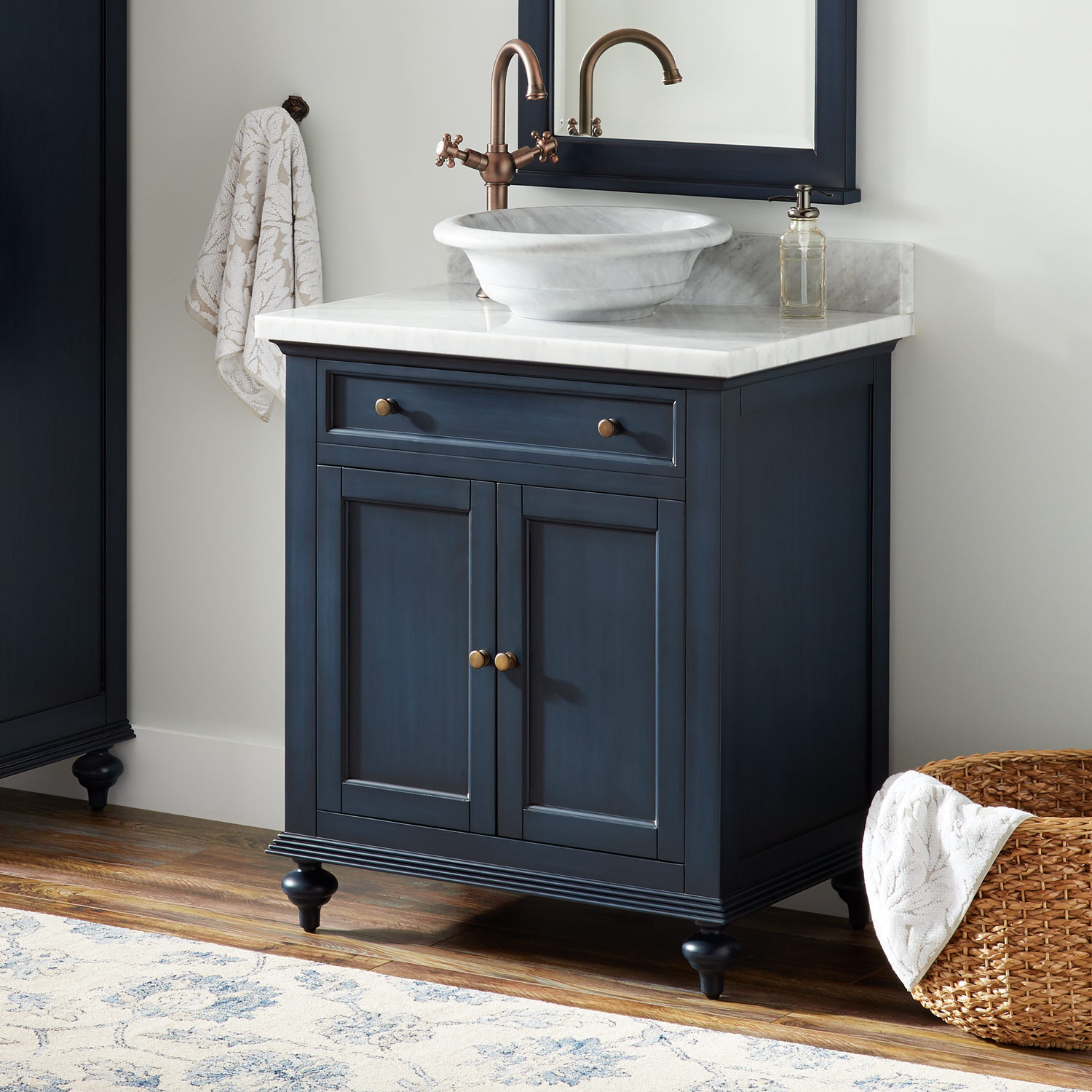 Navy Blue Bathroom Vanity
 30" Keller Mahogany Vessel Sink Vanity Vintage Navy Blue