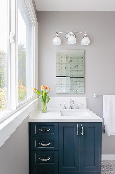 Navy Blue Bathroom Vanity
 Navy Bathroom Vanity with Frameless Mirror Contemporary