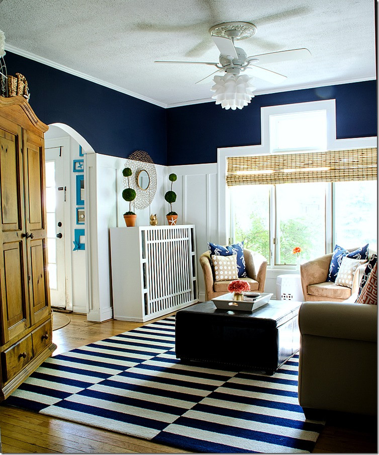 Navy Blue Rug Living Room
 Navy and White Board & Batten Living Room Design