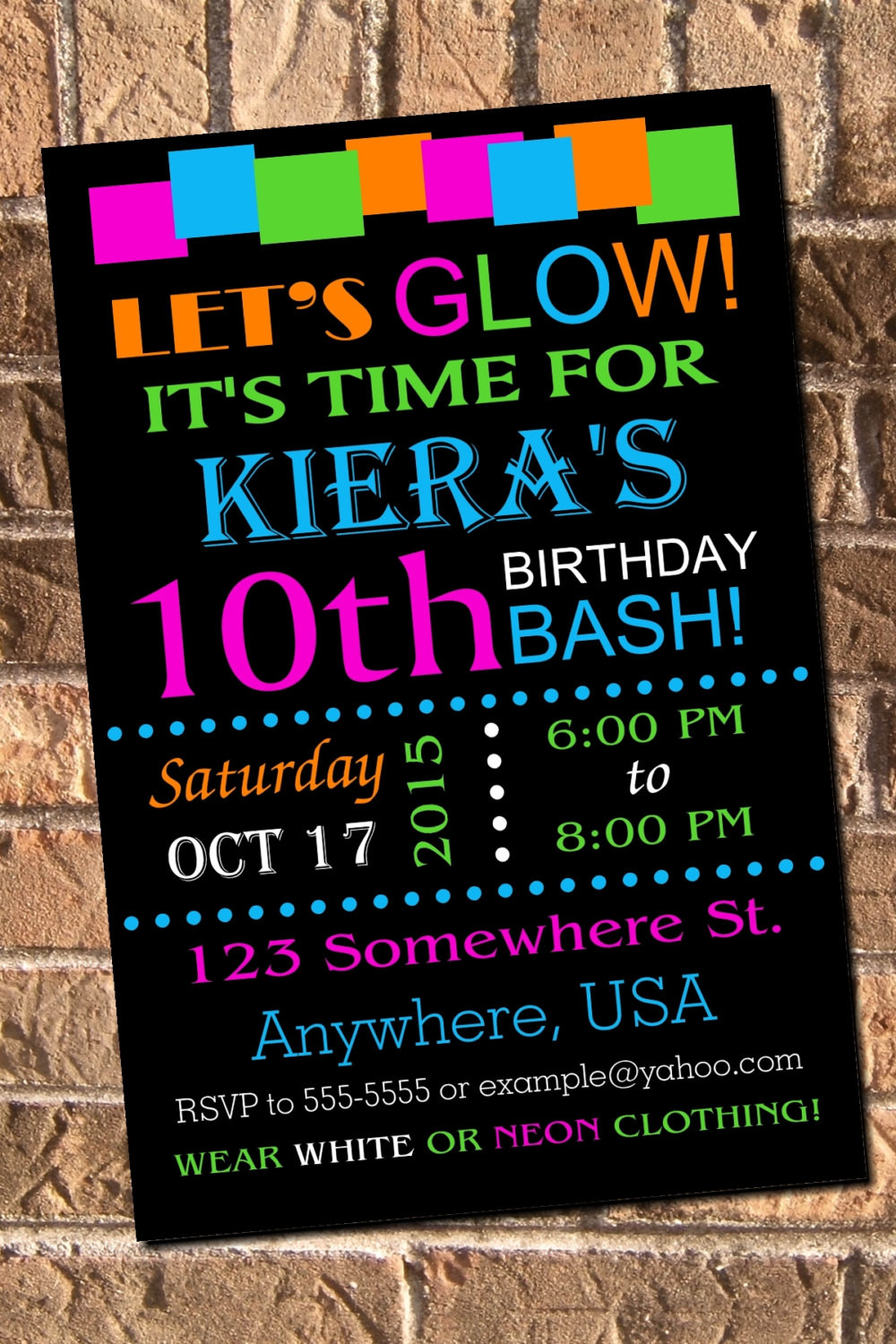 Neon Birthday Party Invitations
 Glow Neon Birthday Party Invitation with free Thank by