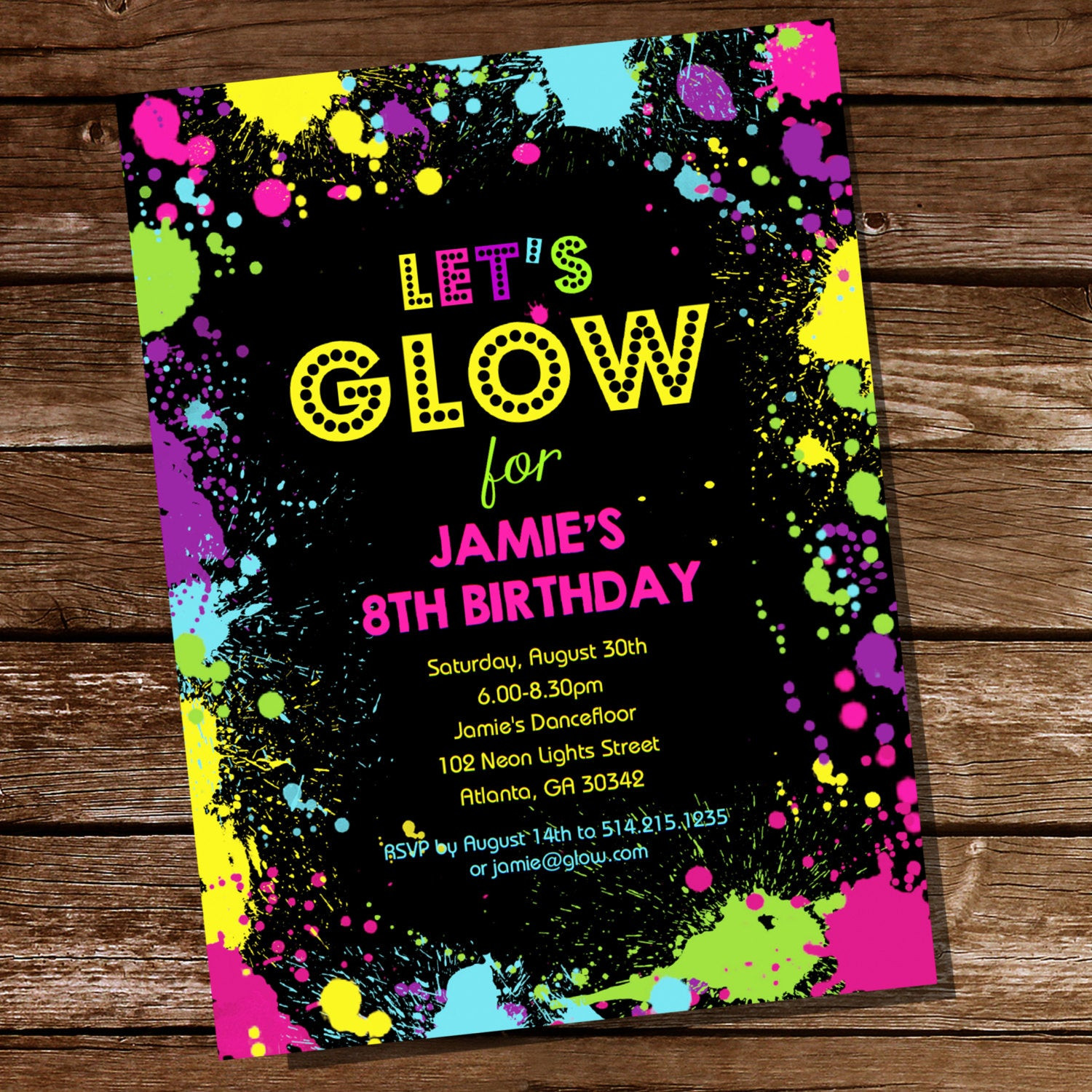 Neon Birthday Party Invitations
 Neon Glow Party Theme Invitation Instantly Downloadable and