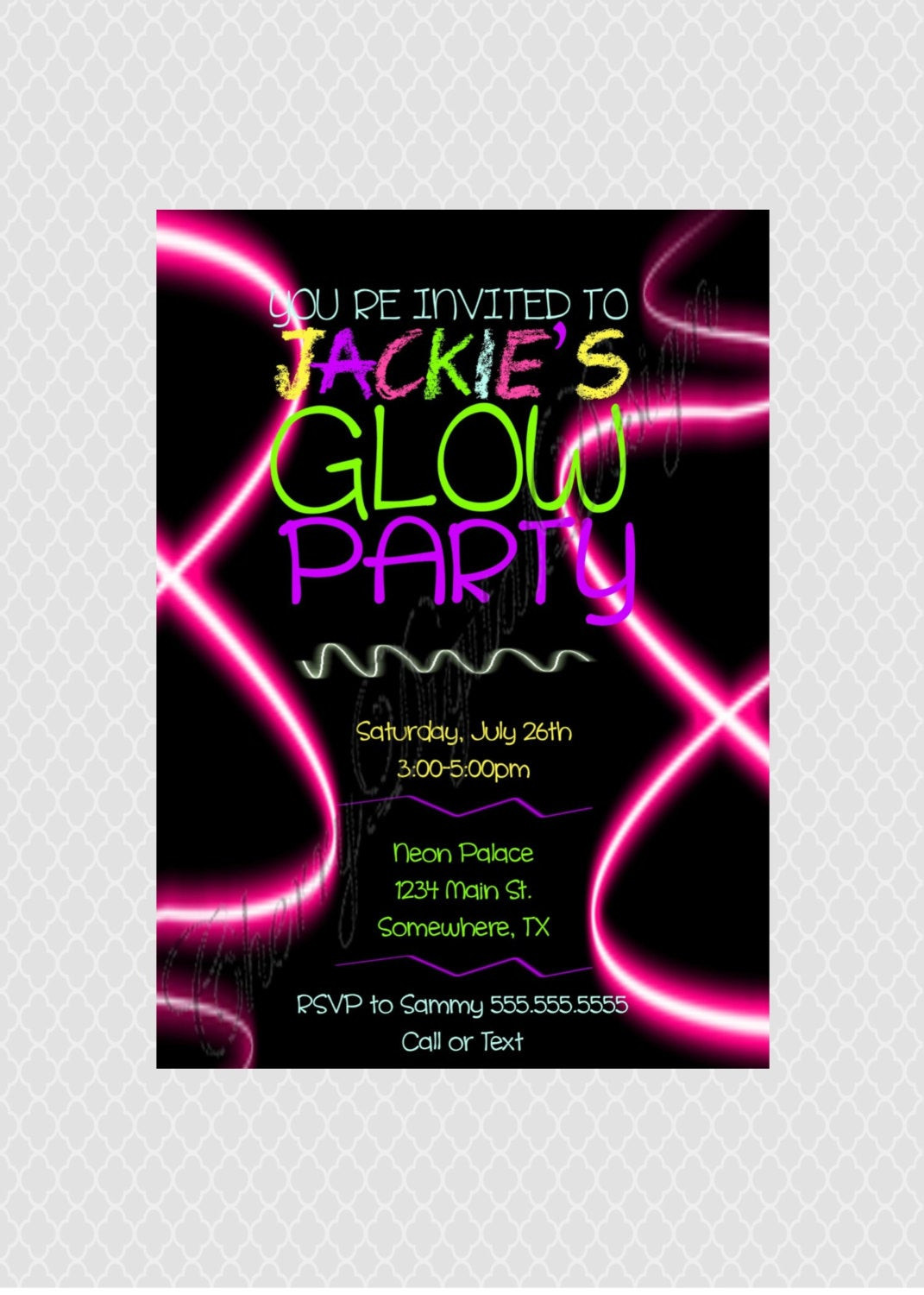 Neon Birthday Party Invitations
 PRINTED or PRINTABLE Neon Glow Party Invitation Glow Birthday