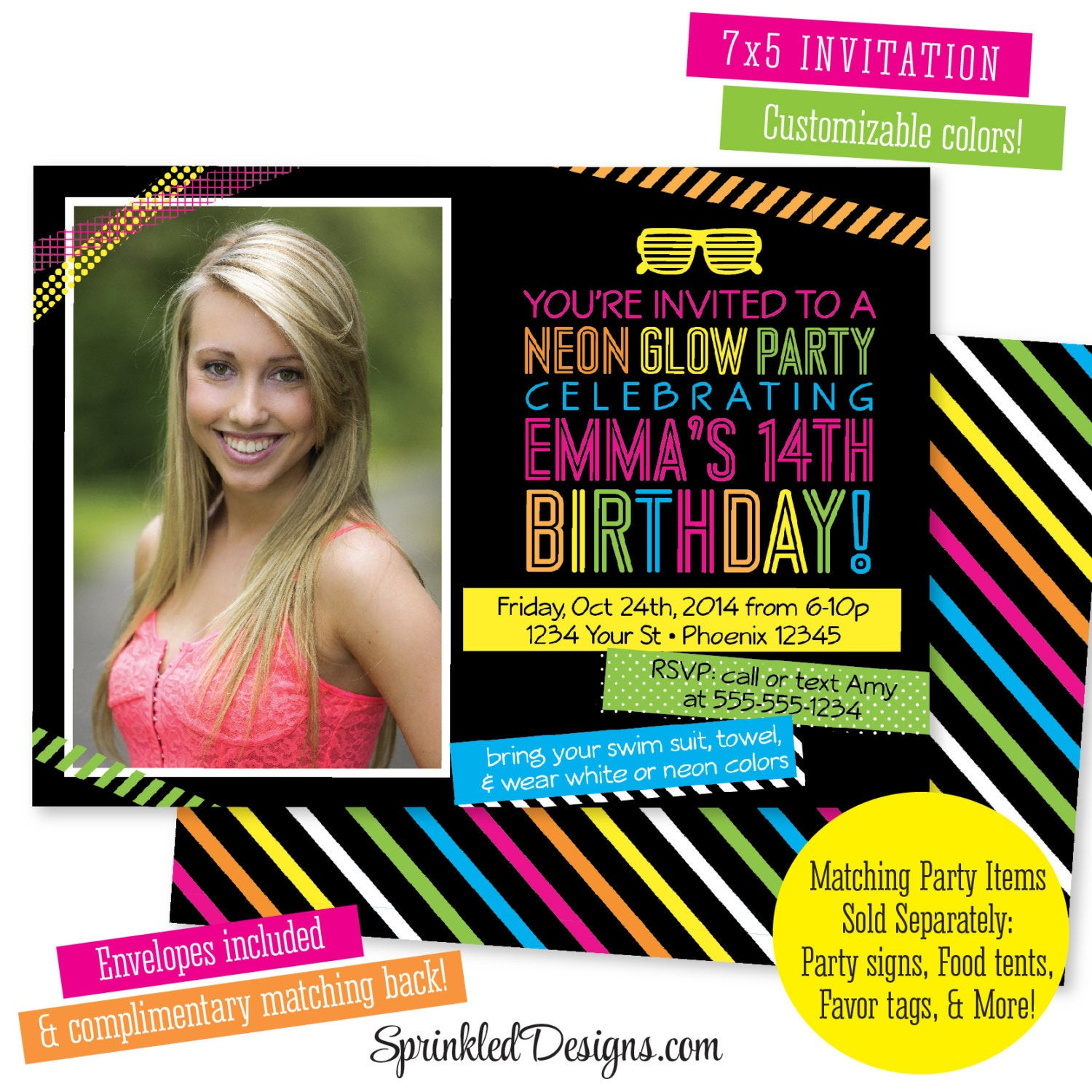 Neon Birthday Party Invitations
 Neon Party Invitations Kids Teen Birthday Invitation Sweet