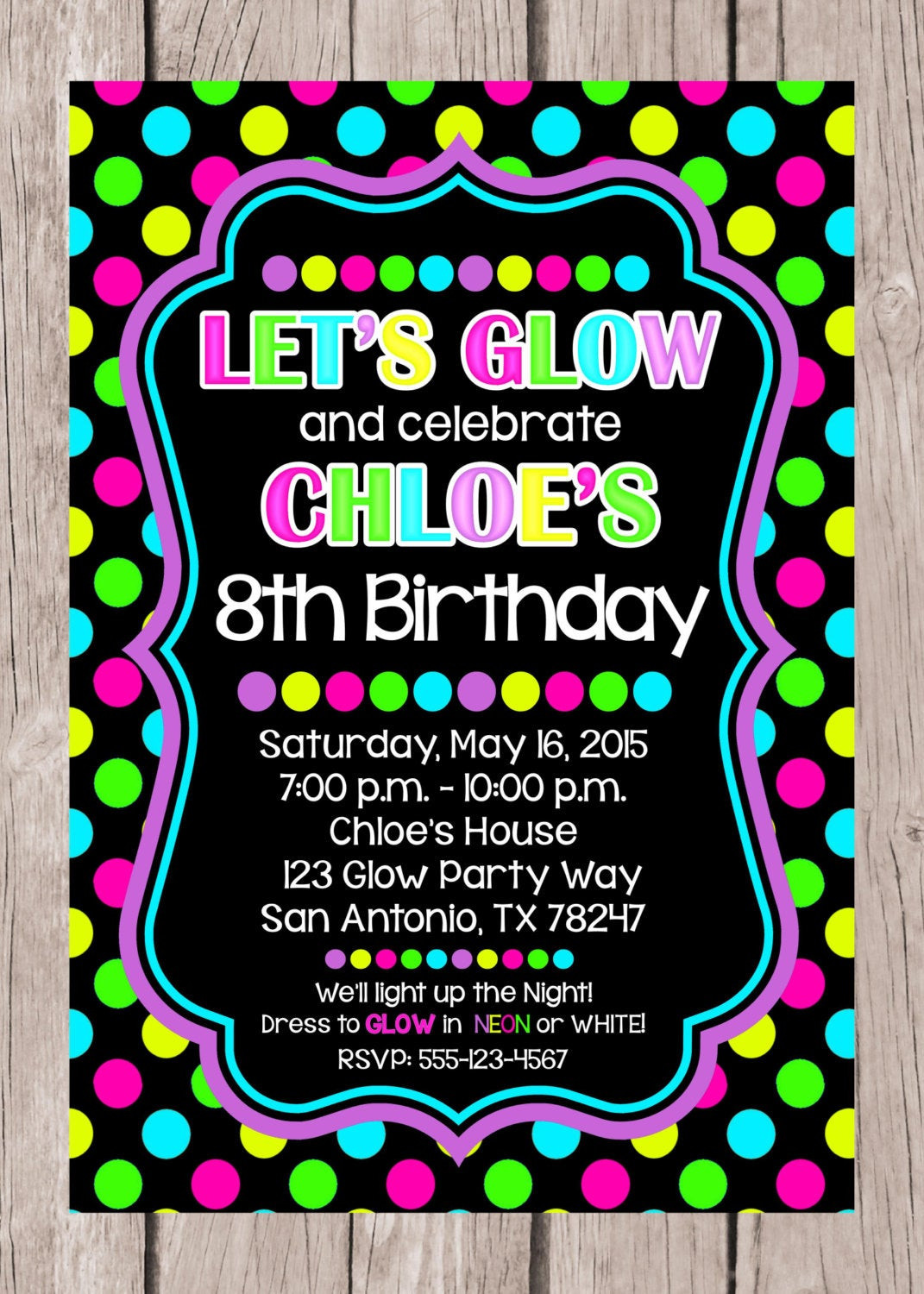 Neon Birthday Party Invitations
 PRINTABLE Glow Birthday Party Invitation Neon Polka Dots