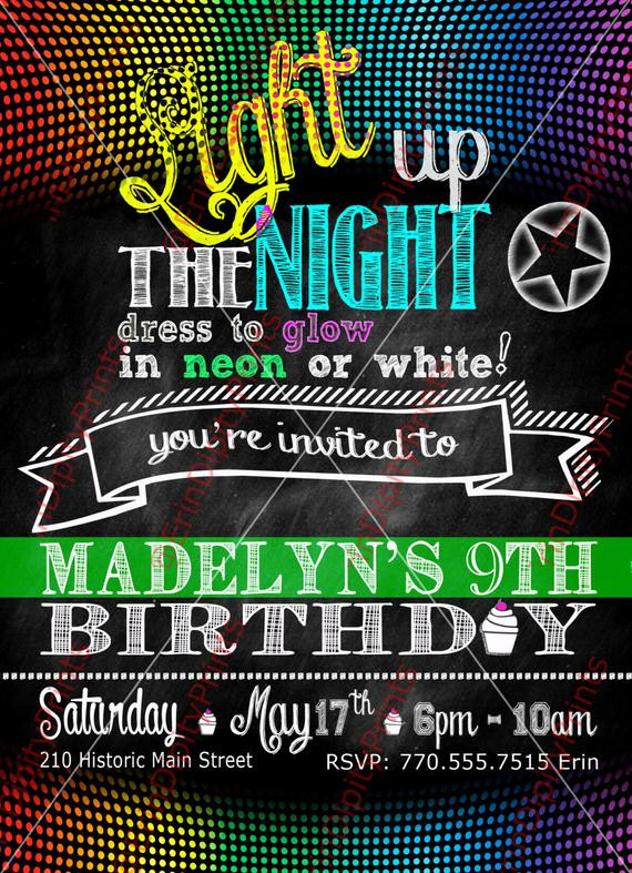 Neon Birthday Party Invitations
 Neon Glow Birthday Party Invitation Digital by