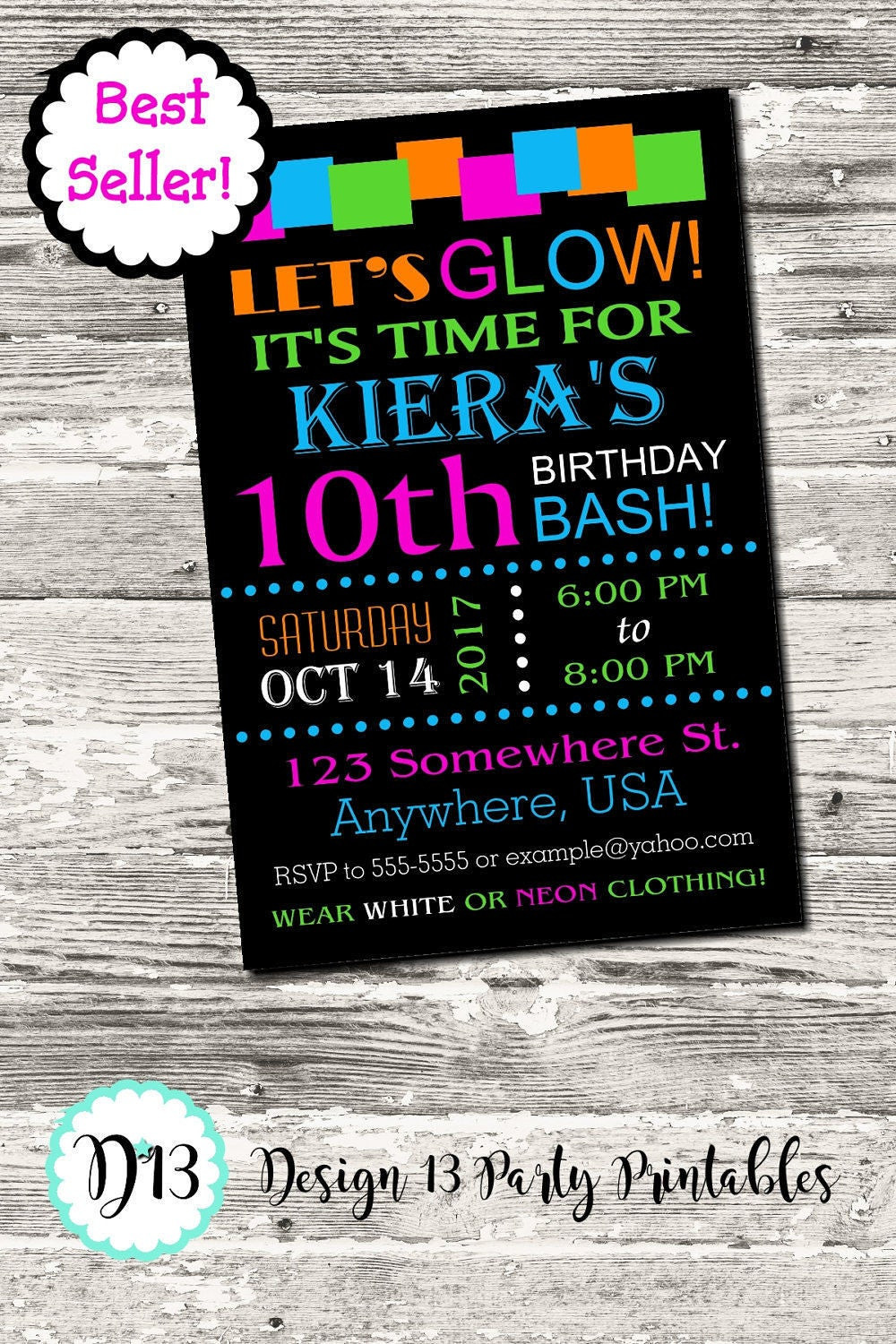 Neon Birthday Party Invitations
 Glow Neon Birthday Party Invitation with free Thank You