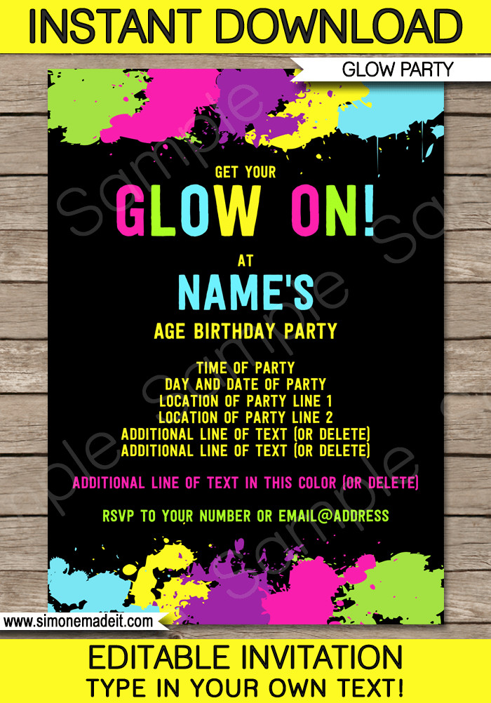 Neon Birthday Party Invitations
 Neon Glow Party Invitations Template