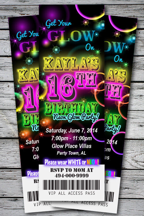 Neon Birthday Party Invitations
 Sweet 16 GLOW in the Dark Theme NEON DISCO Birthday Party