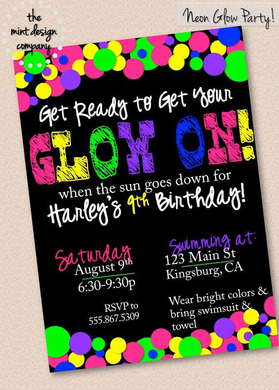 Neon Birthday Party Invitations
 Neon Glow in the Dark Birthday Party Invitation by