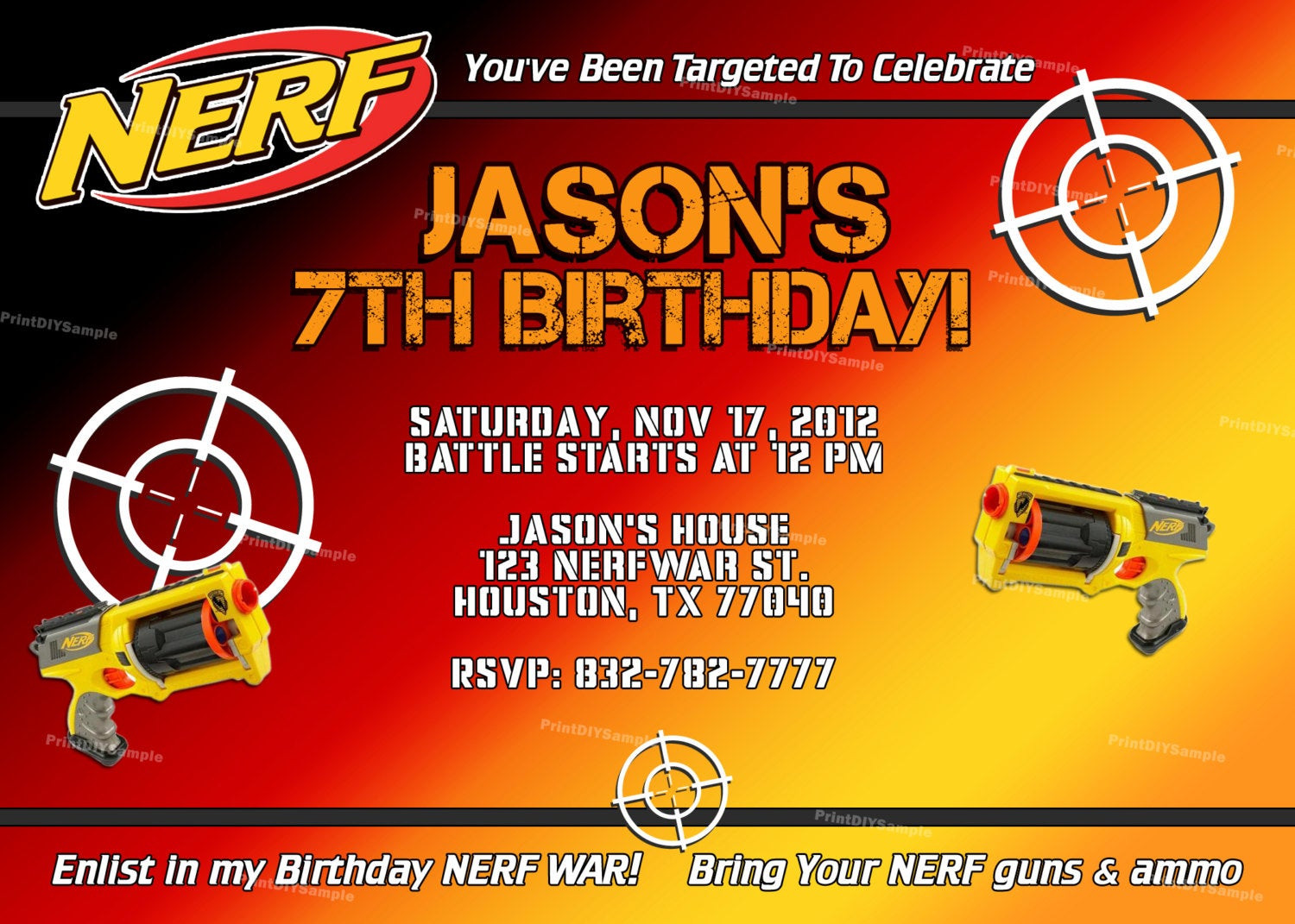 Nerf Birthday Party Invitations
 Personalized Nerf Boy Birthday Party by PrintDIYStarDesigns