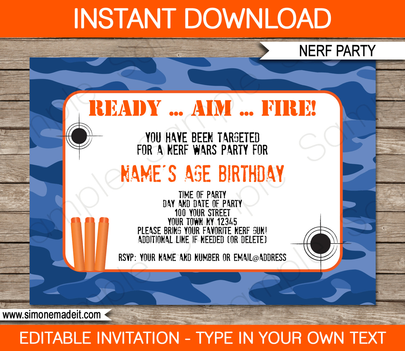 Nerf Birthday Party Invitations
 Nerf Printables Blue Camo