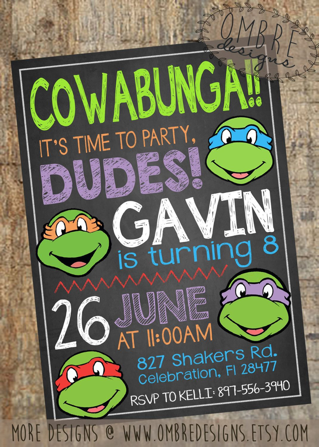 Ninja Turtle Birthday Party Invitations
 Ninja Turtles Invitation TMNT Invite Chalkboard Ninja