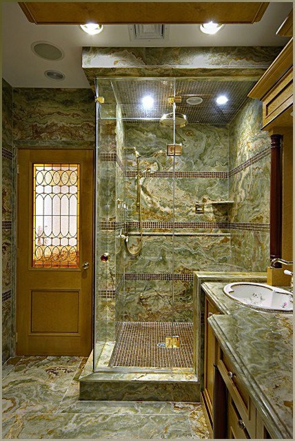 Onyx Bathroom Tile
 Custom steam shower with yx Slabs and glass tile accents