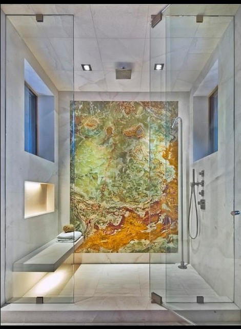 Onyx Bathroom Tile
 White Carrara and Backlit yx Shower