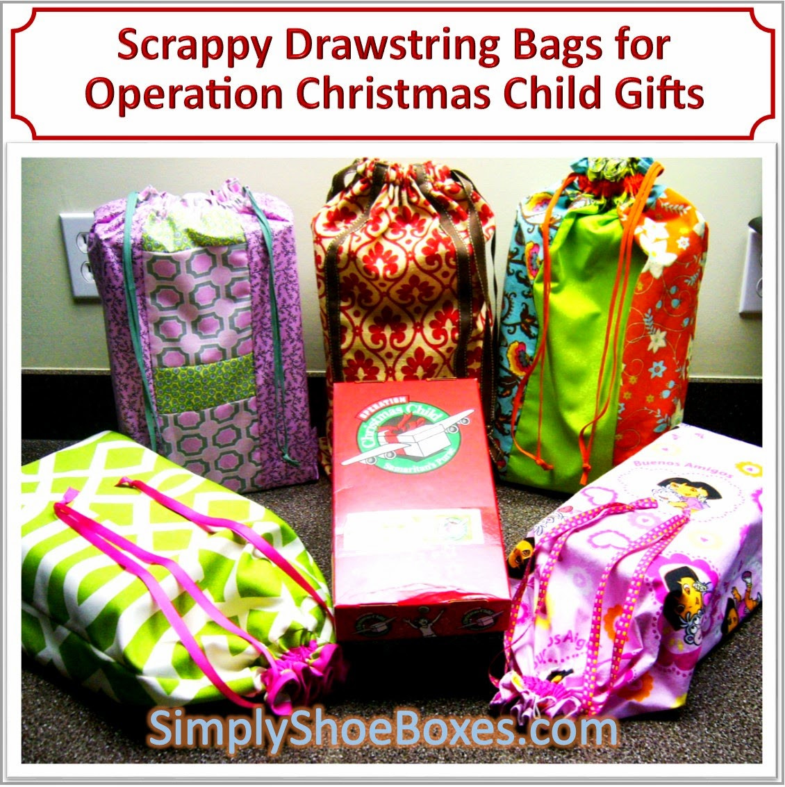 Operation Christmas Child Gifts
 Simply Shoeboxes Scrappy Drawstring Tote Bags for