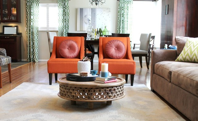 Orange Chair Living Room
 Orange Transitional Chairs and Rustic Coffee Table