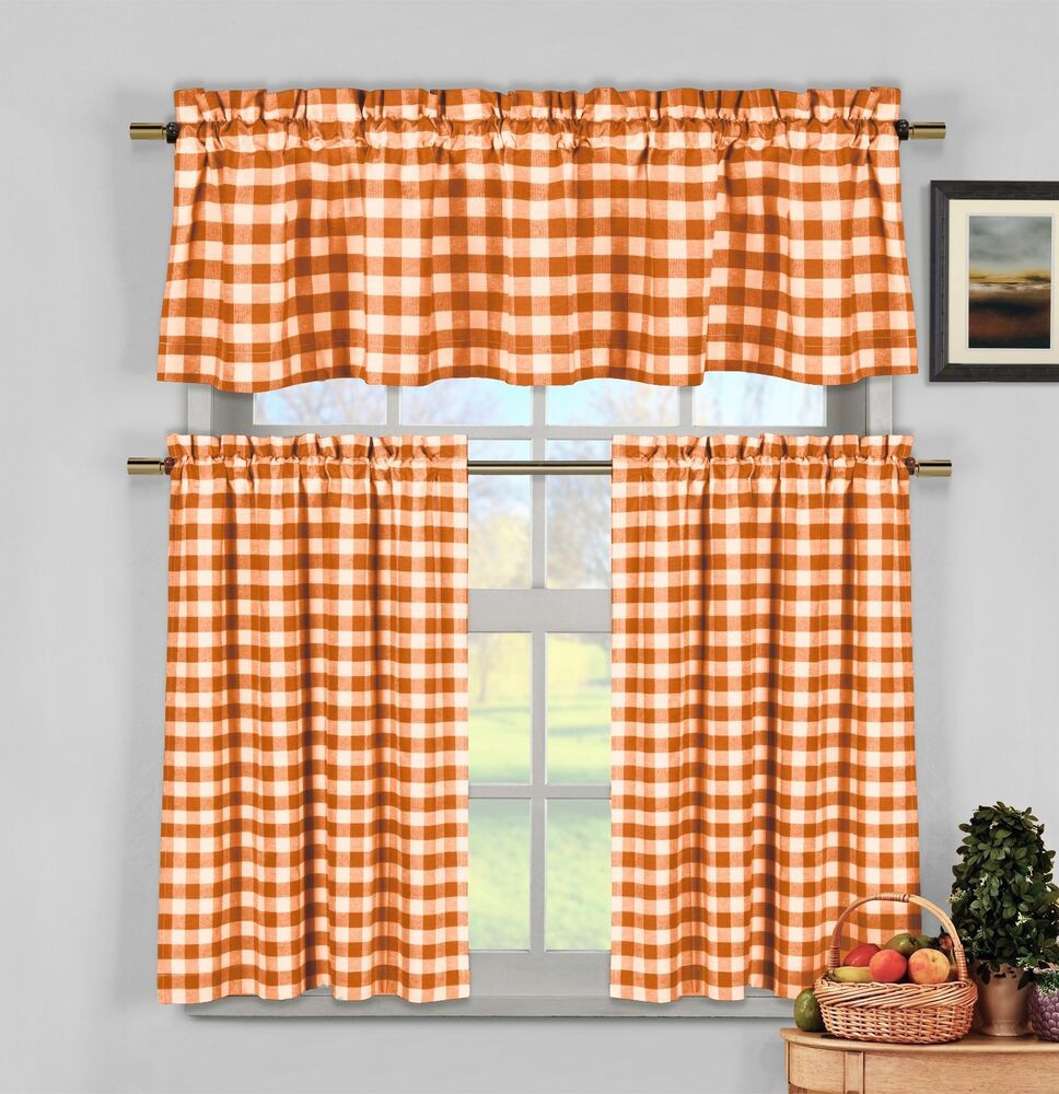 Orange Kitchen Curtains
 Orange Gingham Checkered Plaid Kitchen Tier Curtain