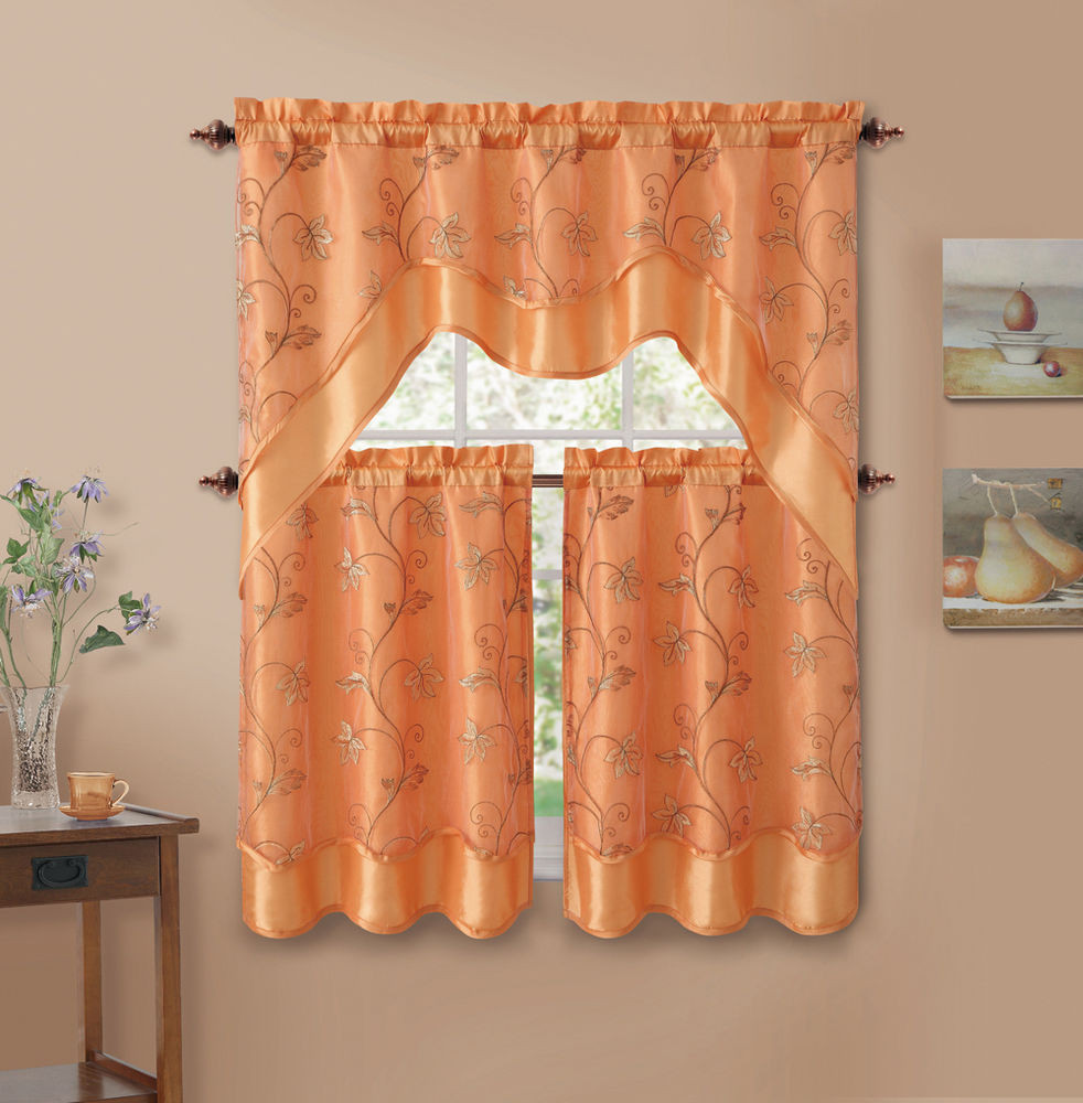 Orange Kitchen Curtains
 3 Piece Orange Leaf Embroidered Kitchen Window Curtain Set