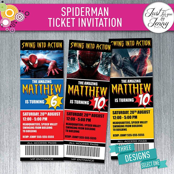 Order Birthday Invitations
 Spiderman theme TICKET style birthday invitation Made to
