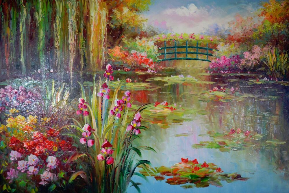 Outdoor Landscape Painting
 WATER LILY KOI POND JAPANESE GARDEN LANDSCAPE ART OIL