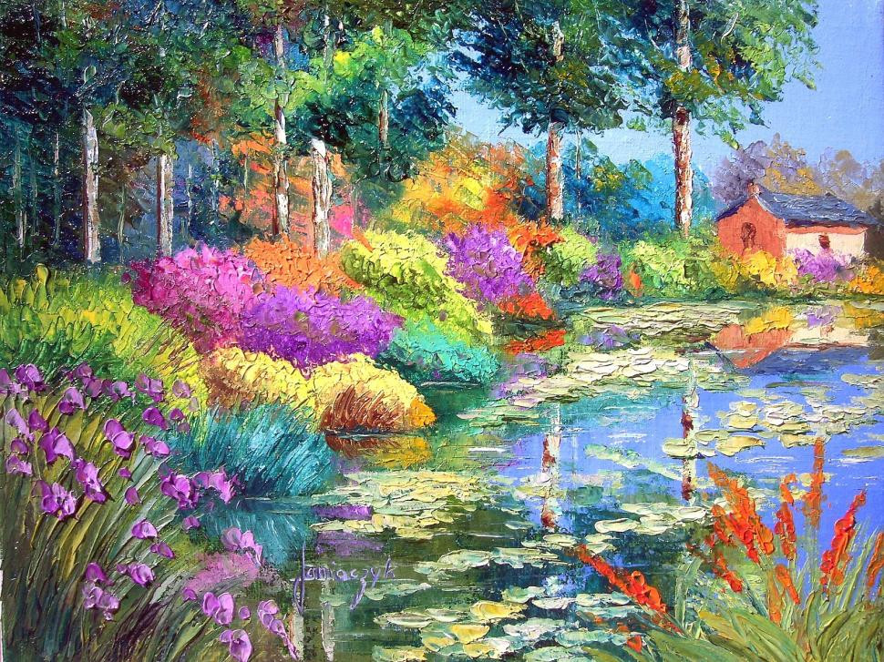 Outdoor Landscape Painting
 Garden in painting flowers house Landscape Oil Painting