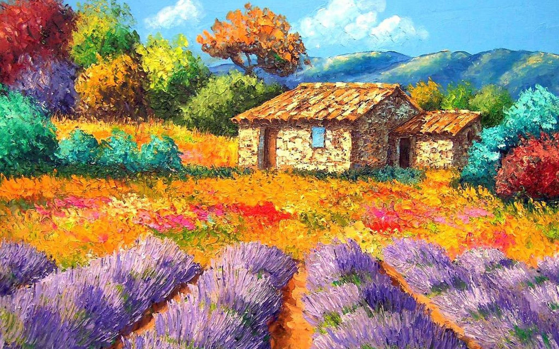 Outdoor Landscape Painting
 Garden house painting yard landscape wallpaper