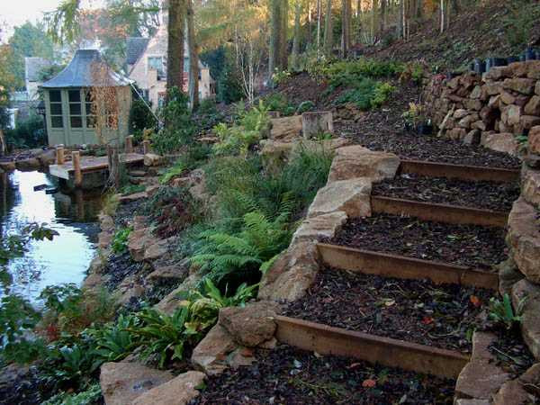 Outdoor Landscape Slope
 Wooden Outdoor Stairs and Landscaping Steps on Slope