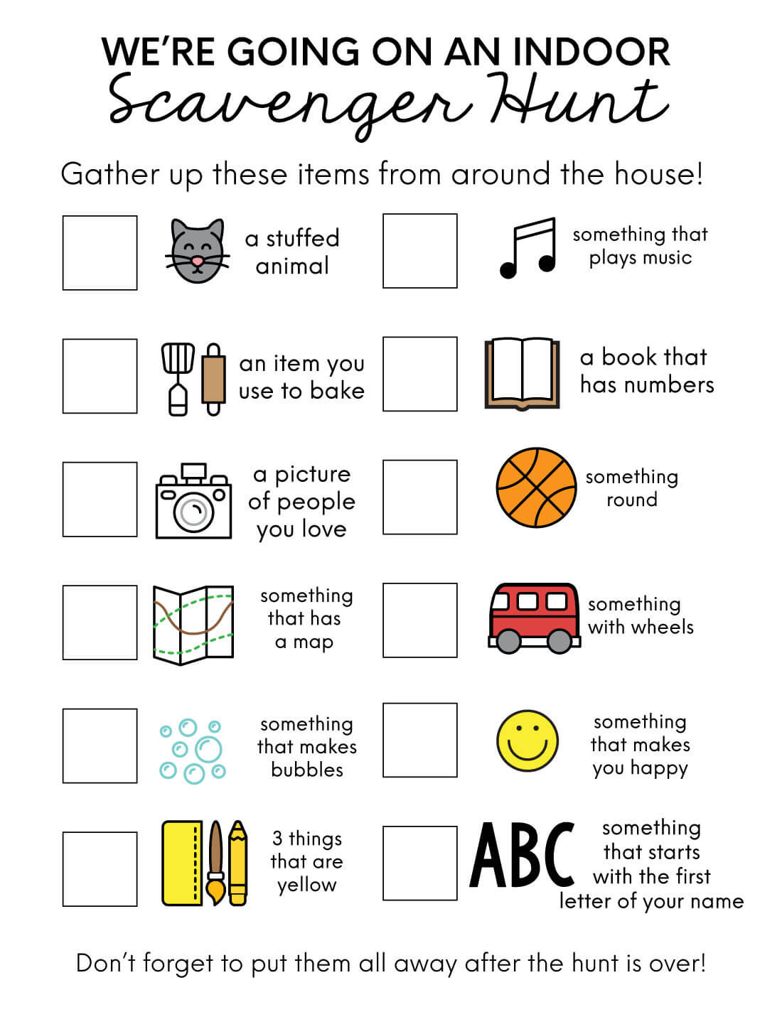 Outdoor Scavenger Hunt For Kids
 Indoor Scavenger Hunt Ideas from Thirty Handmade Days