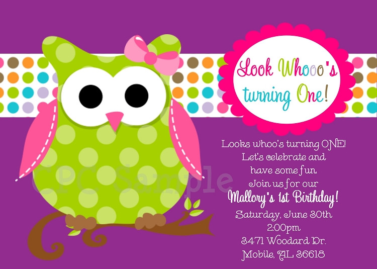 Owl 1st Birthday Invitations
 Owl 1st Birthday Invitation in Pink Green and Purple