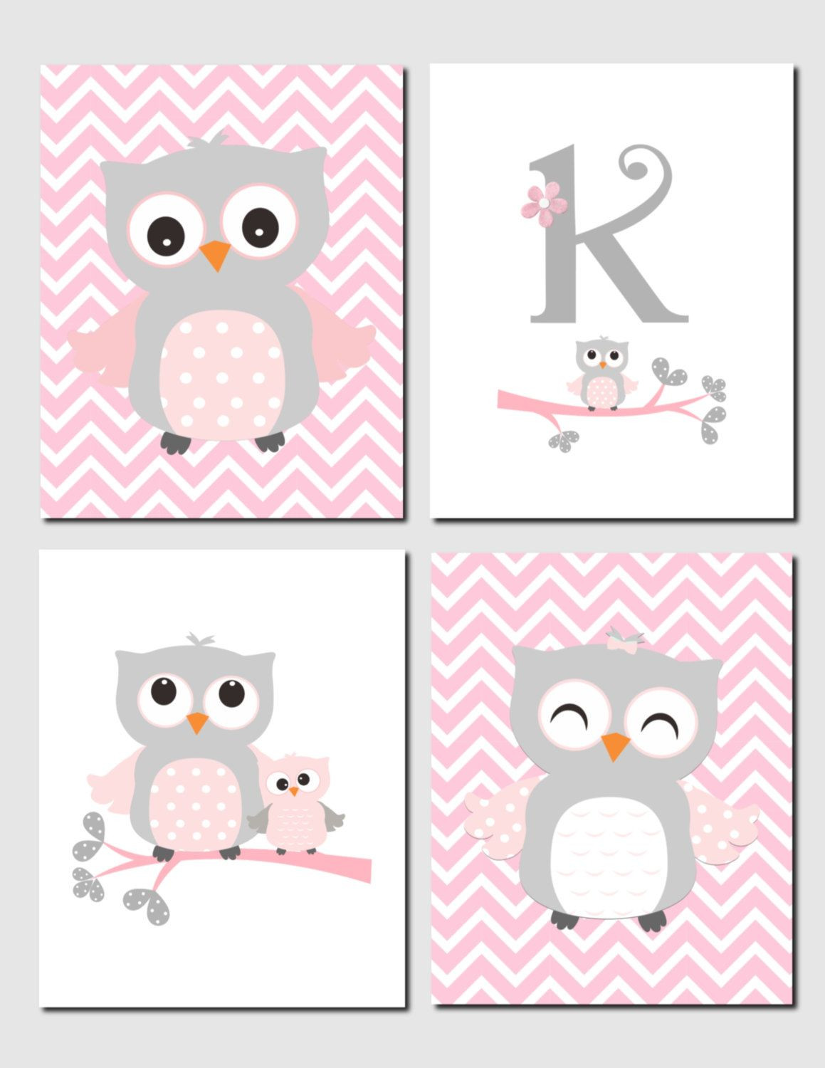 Owl Baby Nursery Decor
 Owl Nursery Art Pink Gray Owls Initial Monogram Baby