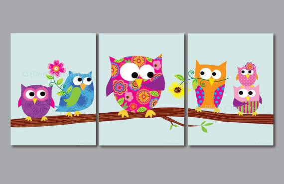 Owl Kids Decor
 Kids Wall Art print set owls for girls kids decor