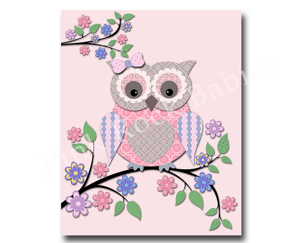 Owl Kids Decor
 Pink owl nursery art kids room wall decor play room decor