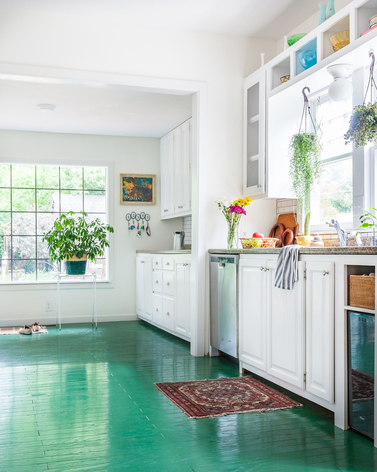 Painted Kitchen Tile Floor
 LOVE this kitchen with its green painted floors so much